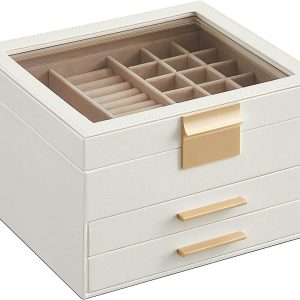 3 Seviyeli Cam Kapaklı Mücevher Kutusu, 2 Çekmece, Geniş Saklama Alanı, Modern, Sevdiklerinize Hediye, Bulut Beyazı Altın JBC239WT