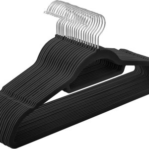 SONGMICS Kadife Elbise Askısı 20'li Set Kaymaz Küçük Bağlantı Çubuğu 360° Dönen Kanca 0,6 cm Kalın Yerden Tasarruf 43,5 cm Uzun Coats Pantolon için Gümüş Siyah CRF20B